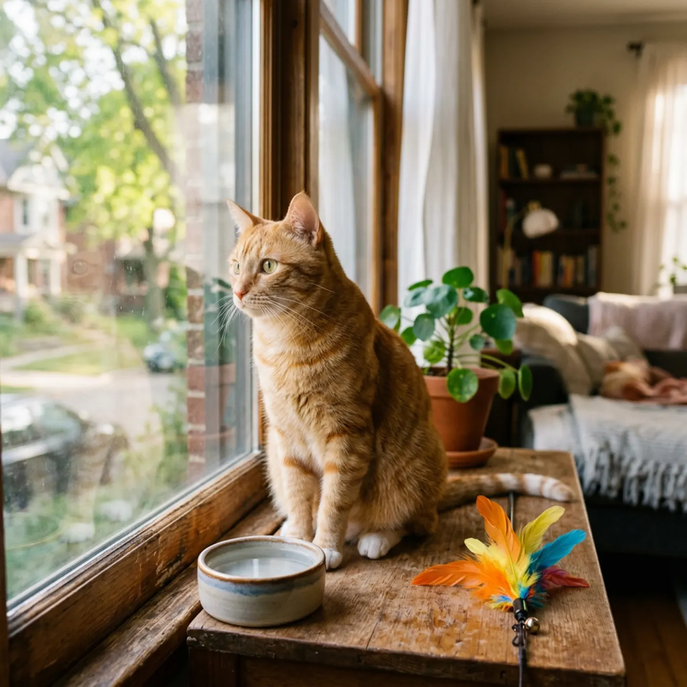 photograph of a ginger cat on a sunny window sill