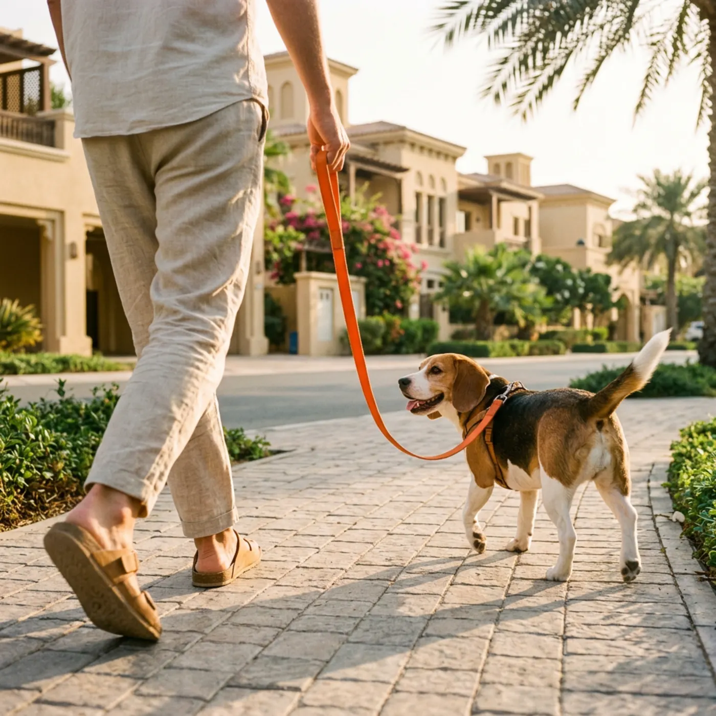 photograph of a beagle walking on a leash along a sunny Dubai street