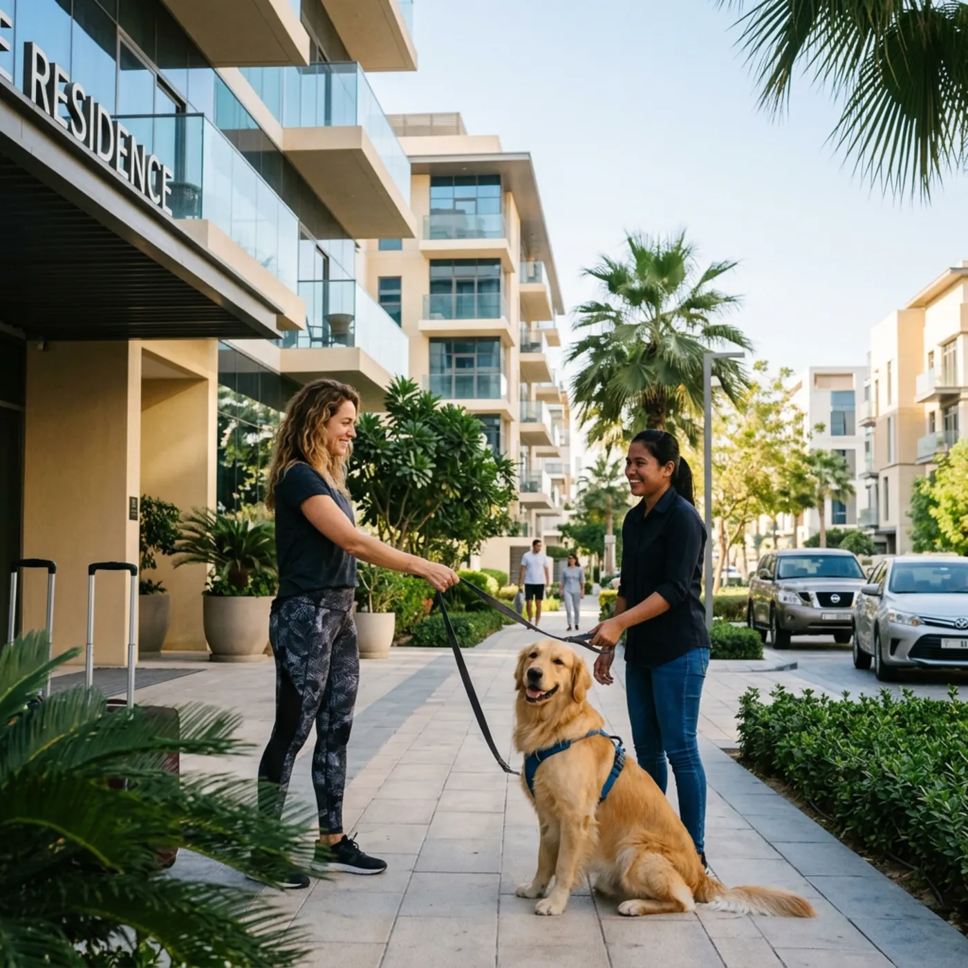 photograph of a pet parent handing a leash to a caregiver outside a Dubai apartment building