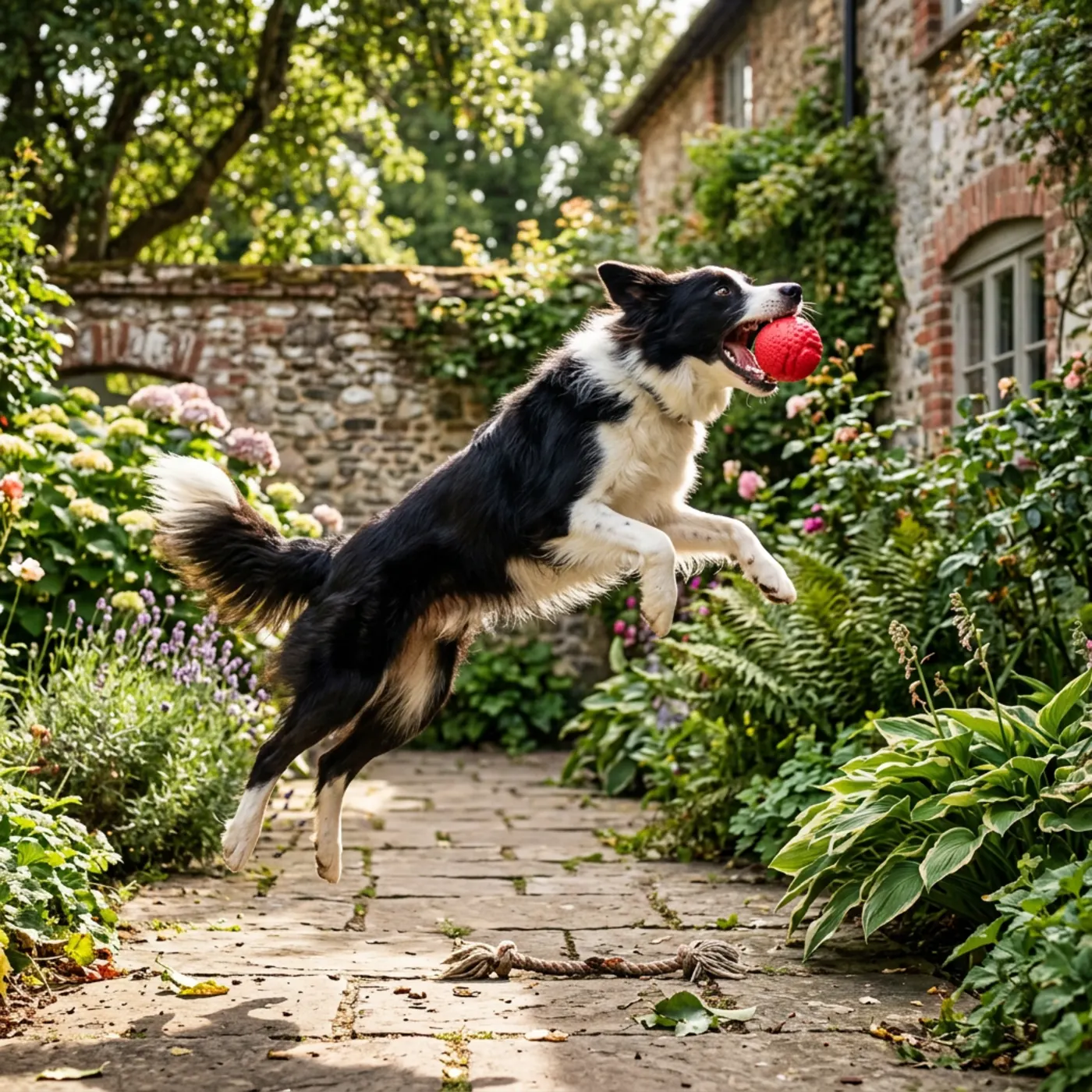 photograph of a border collie leaping for a ball